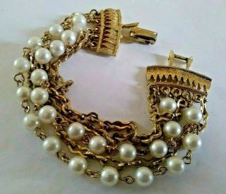 Vintage Signed Coro Faux Pearls And Gold Tone Chains Bracelet