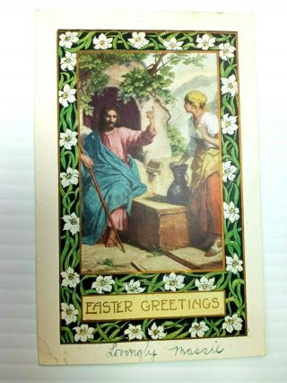 Vintage Postcard Easter Greetings Embossed Jesus Christian