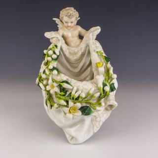 Antique German Dresden Porcelain - Cherub Decorated Wall Pocket - Lovely