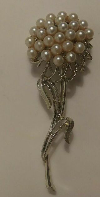 Big 3.  25 " Vintage Coro Signed Faux Pearl Flower Brooch Pin
