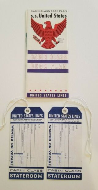 Vintage S.  S.  United States LInes Deck Plans AND Luggage tags 2