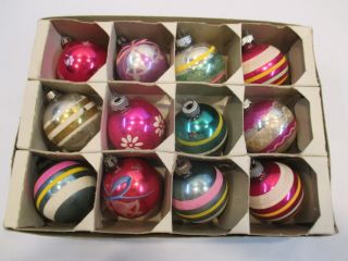 Vintage 12 Glass Hand Decorated Christmas Ornaments W/boxno Lid