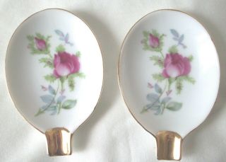 2 Vintage Japan Spoon Rests White With Pink Roses Gold Trim