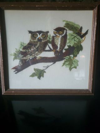 Vintage Mid Century Modern Owl Needlepoint Crewel Embroidery Wood Frame Art