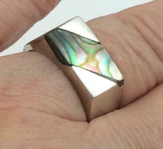 Vintage Mens Abalone Shell Inlay Silver Tone Ring Size 10.  75