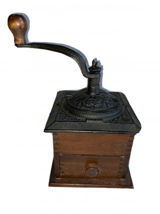 Vintage Coffee Mill Grinder Wood & Cast Iron