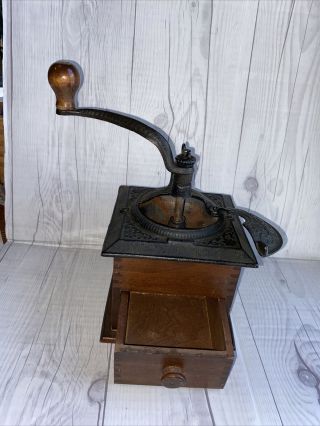 Vintage Coffee Mill Grinder Wood & Cast Iron 2