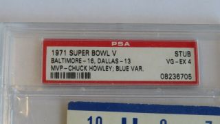 1971 Bowl V 5 Baltimore Colts Vs.  Dallas Cowboys NFL Ticket Stub PSA 2