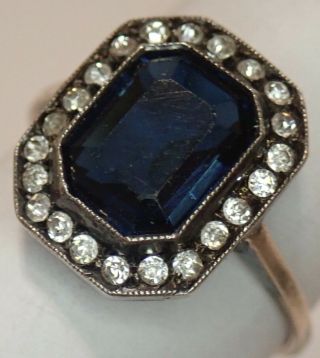 Antique Edwadian Sterling Silver 9k Gold Sapphire Crystal Paste Ring