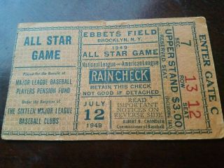 1949 Baseball All Star Game Ticket Ebbets Field/ Brooklyn,  Ny