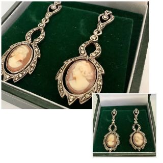 Antique Art Deco Sterling Silver Marcasite & Cameo Shell Drop Earrings