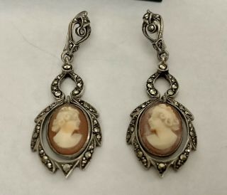 Antique Art Deco Sterling Silver Marcasite & Cameo Shell Drop Earrings 3