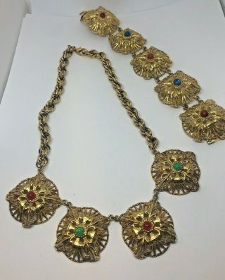 Vintage Gold Tone Filigree Multi Color Cabochons Necklace & Bracelet Set