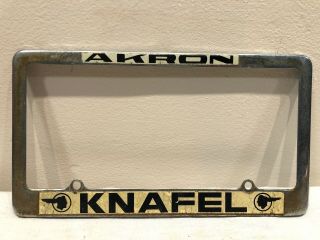 Vintage Knafel Pontiac Akron Dealer Metal License Plate Frame Oh Indian Logo
