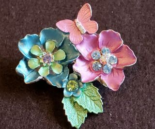 Vintage Silver Tone Rhinestones Butterfly Flower Pink Blue Pin Brooch Broach