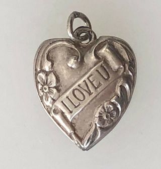 Antique Victorian Sterling Silver I Love U Repousse Puffed Heart Bracelet Charm