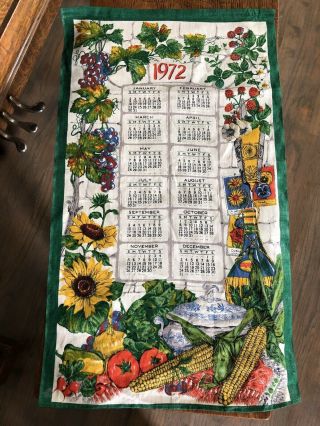 Vintage Linen 1972 Calendar Towel Sunflowers Garden Vegetables Grapes