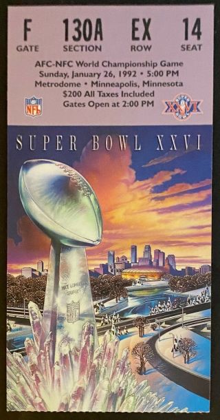 1992 Bowl Xxvi Nfl Football Ticket Stub Washington Redskins Buffalo Bills