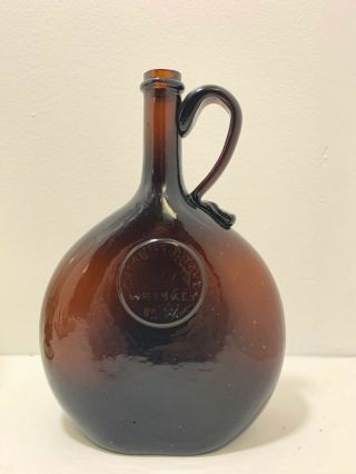 19th C Antique Blown Glass Bottle Chestnut Grove Whiskey Reddish Amber Whittled