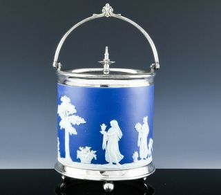 Fine19thc Antique Wedgwood Blue White Jasperware Silver Plate Biscuit Barrel Jar