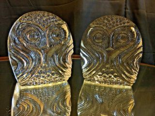 Two Vintage Clear Glass Owl Bookends Mid - Century Modern Pilgrim Glass Company