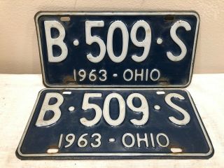Vintage 1963 Ohio License Plate B - 509 - S Blue White (matching Pair / Set)