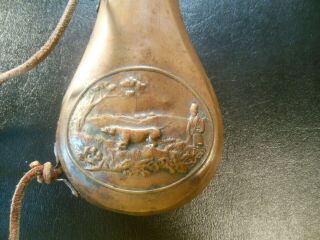 Antique Brass & Copper Powder Flask W/ Embossed Bird Hunting Dog Scene