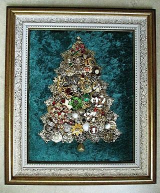 Framed Vintage Pearl & Rhinestone Jewelry Art On Velvet,  Christmas Tree