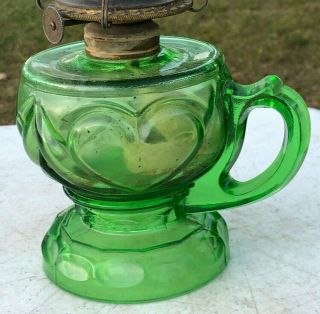 Antique Early 1900 ' s Green Glass ' Heart Motif ' Finger Oil Lamp 2