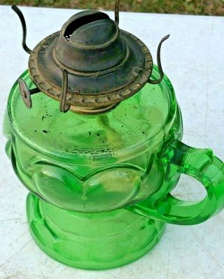 Antique Early 1900 ' s Green Glass ' Heart Motif ' Finger Oil Lamp 3
