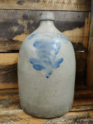 D W Graves Westmoreland Antuque 2 Gallon Blue Cobalt Decorated Stoneware Jug.