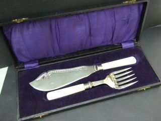 Large Antique Silver Plated Fish Knife & Fork Serving Set Velvet Lined Box1900 