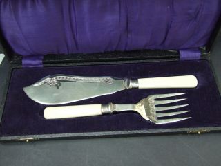 Large Antique Silver Plated Fish Knife & Fork Serving Set Velvet Lined Box1900 ' s 2