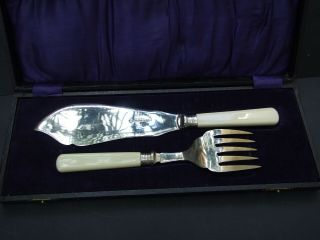 Large Antique Silver Plated Fish Knife & Fork Serving Set Velvet Lined Box1900 ' s 3