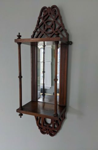 1900 Edwardian Wood Mahogany Lattice Fretwork Hanging Display Shelf Bevel Mirror