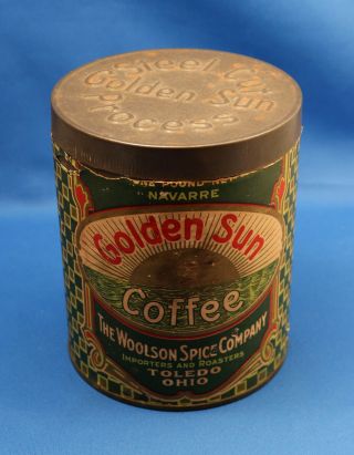 Antique Toledo,  Ohio,  One - Pound Tin Navarre Golden Sun Coffee Can W/pry Lid