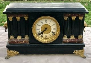 Antique Sessions Ornate Black Adamantine 6 Column Mantel Clock W/ Key