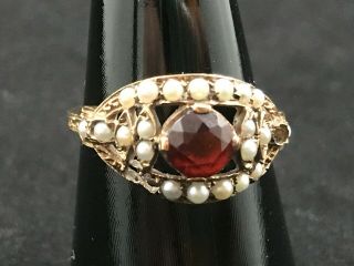 Antique Victorian 9ct Carat Gold Red (garnet?) And Seed Pearl Ring,  Size N