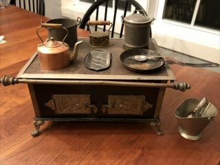 Antique German Toy Tin Stove With Pots And Pans