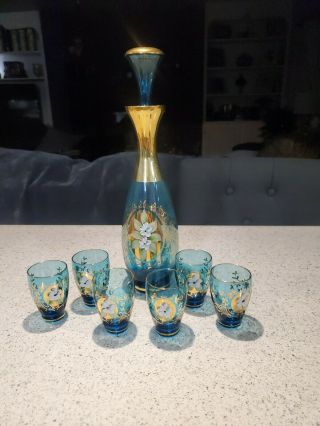 Vintage Moser Aqua Decanter & 6 Glasses Set With 24 K Gold And Flower Applique