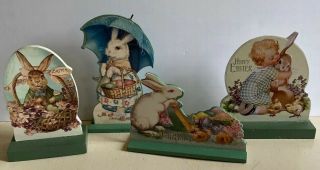 Set Of 4 Vtg Graphics Easter Wood Dummy Boards Stand Up Bunny Basket Eggs Child