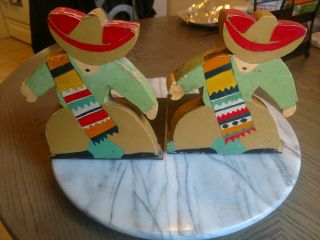 Vintage Wood Book Ends Mexican Cowboy Hand Made Painted