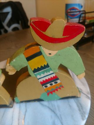 Vintage Wood Book Ends Mexican Cowboy Hand made Painted 3