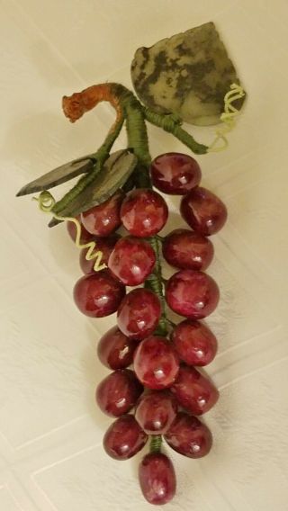 Vintage Stone Fruits Hand Carved Red Stone Grape Cluster Vine Fruit Art