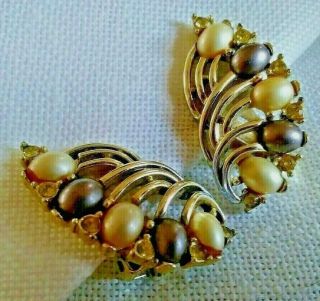 Vintage Goldtone Rhinestone And Faux Pearl Clip Earrings Signed Marboux