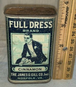 Antique Full Dress Cinnamon Spice Tin Litho Can Norfolk Va Man Tuxedo Grocery