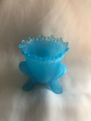 Vintage 2 1/2 " Tall Blue Cut Glass Footed Toothpick Holder