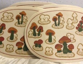 Vtg Mushroom Vinyl Placemats Set Of 4,  Place Mats Gold Brown Green White,  Euc