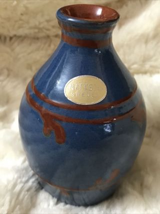 Vintage Nittsjo Scandinavian Art Pottery Vase Navy Blue,  Reddish Brown Sweden