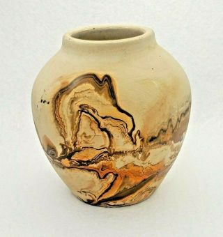 Vintage Nemadji Pottery Usa Vase Bowl 5 " Brown Orange Bisque Clay Swirl - Euc
